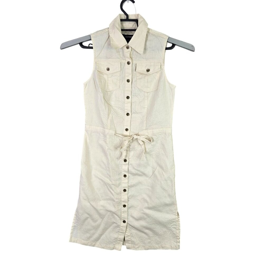 Womens Express Ivory Linen Sleeveless Shirt Dress Button-Down Tie Waist Size 1/2